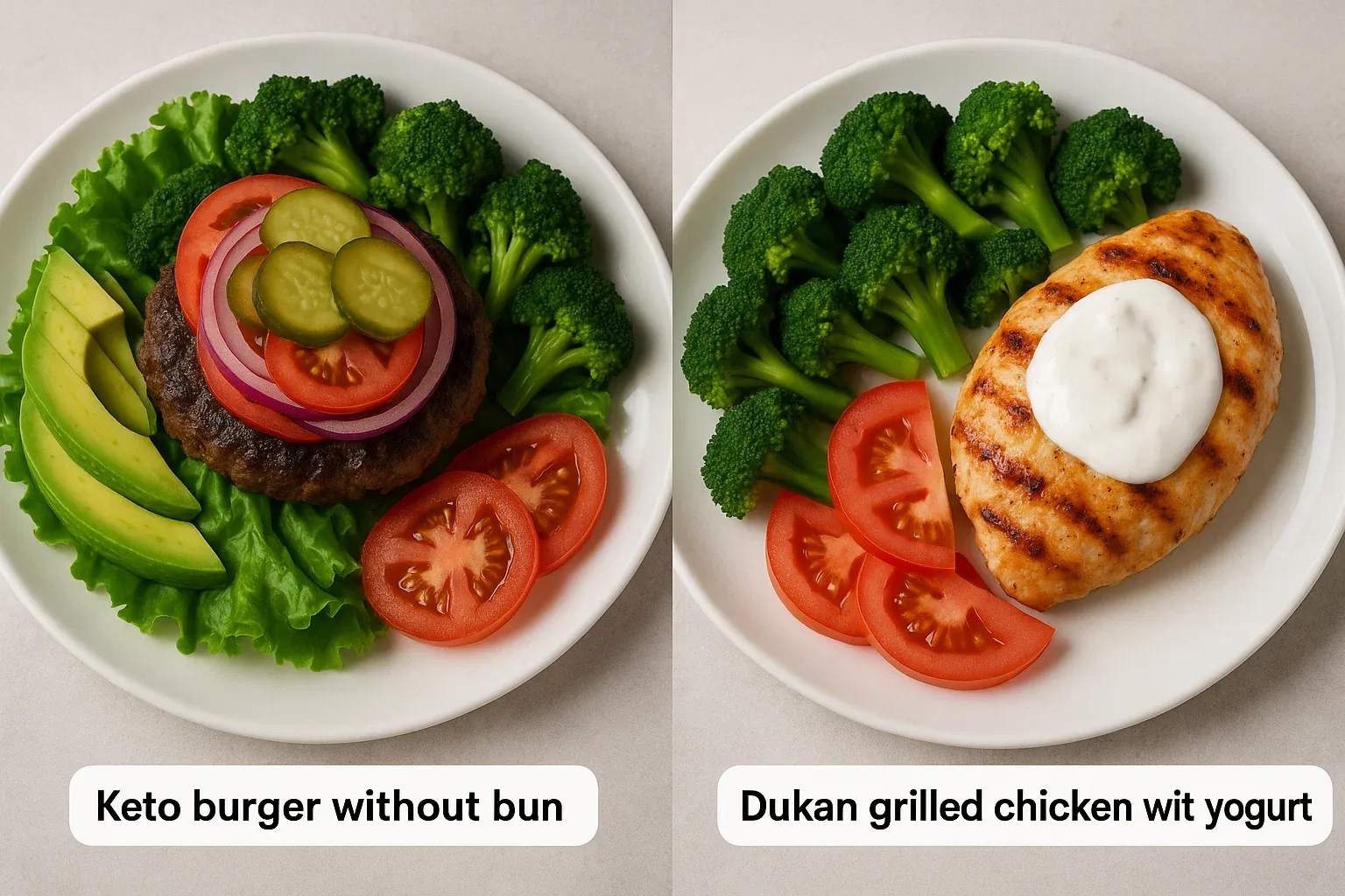 Dukan Diet meal vs Keto Diet meal side by side for 7-day plan example
