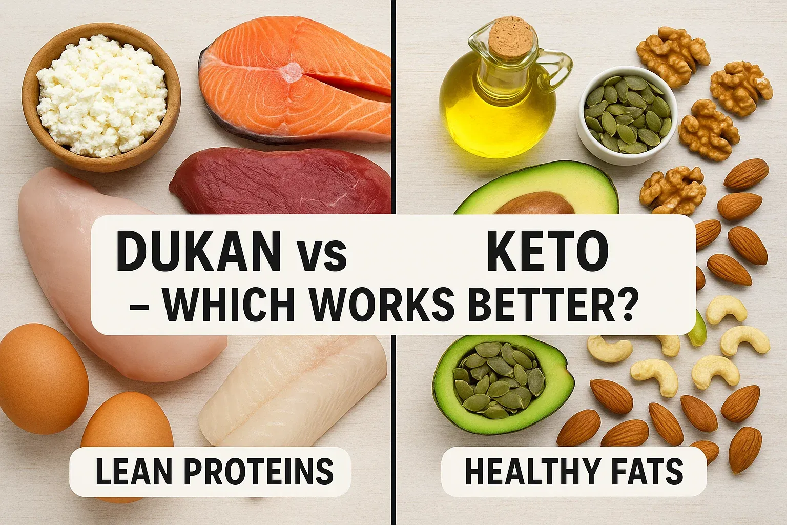 Feature image showing Dukan Diet high protein foods vs Keto Diet healthy fat foods